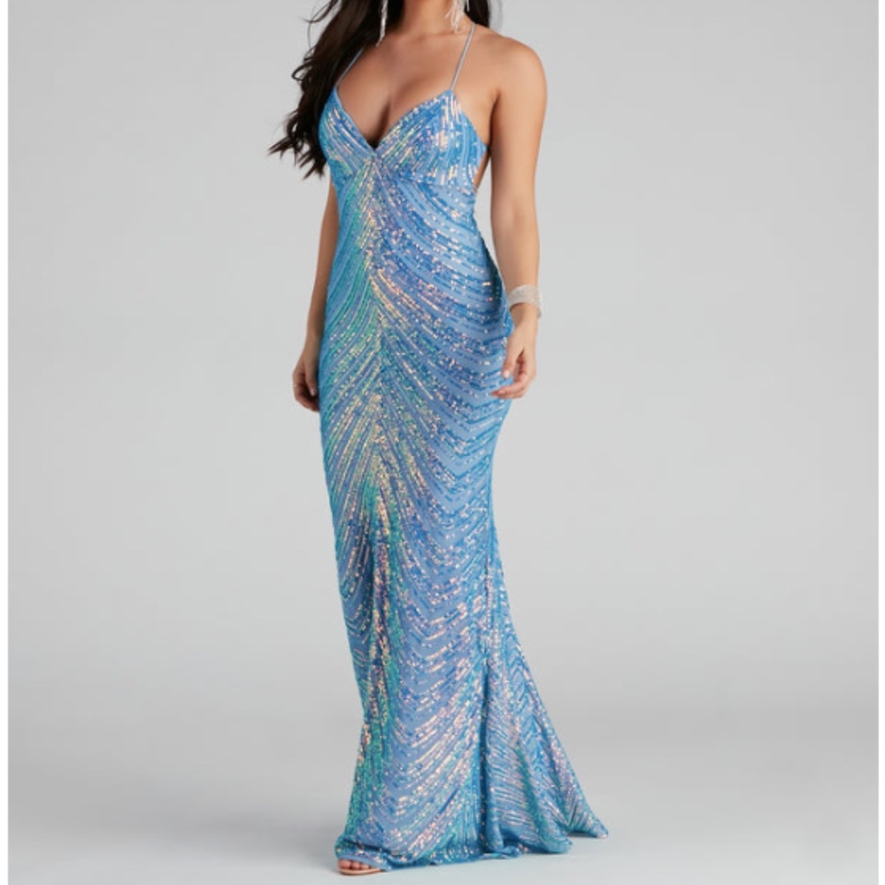 Blue Sequin Prom Dress